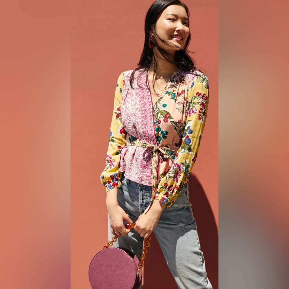 Meadow Rue by Anthropologie Floral/Berries Patchwork Wrap Blouse - Size US 2